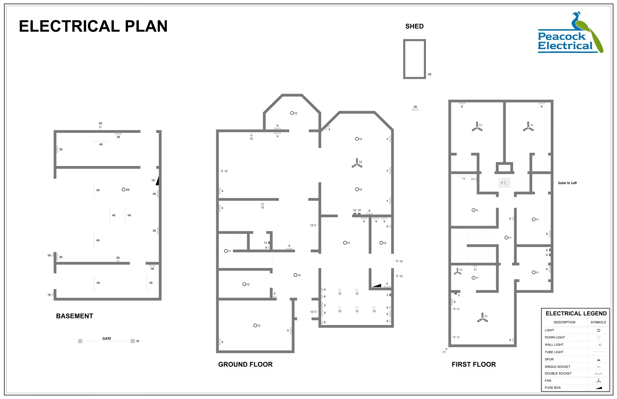 Example CAD circuit diagram of a home, showing lights, sockets and circuits across each floor